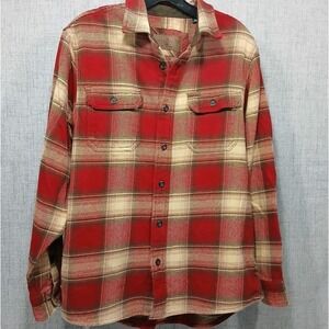 Orvis Mens Medium Plaid Heavyweight Flannel Shacket Shirt Red Outdoor Chore Work